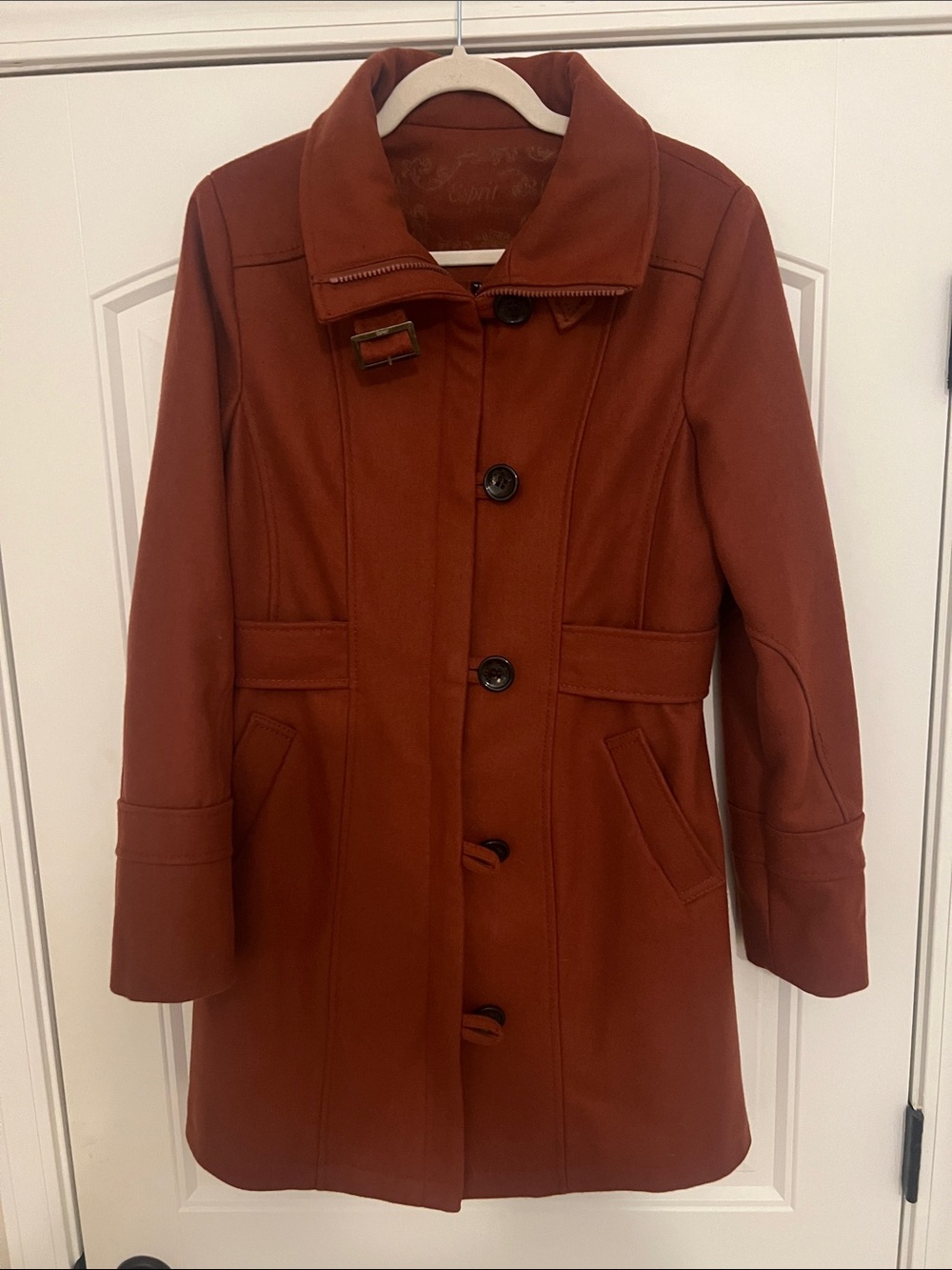 Esprit Women’s Double Breasted Wool Blend Coat with Buckle Collar in Rust Sz M